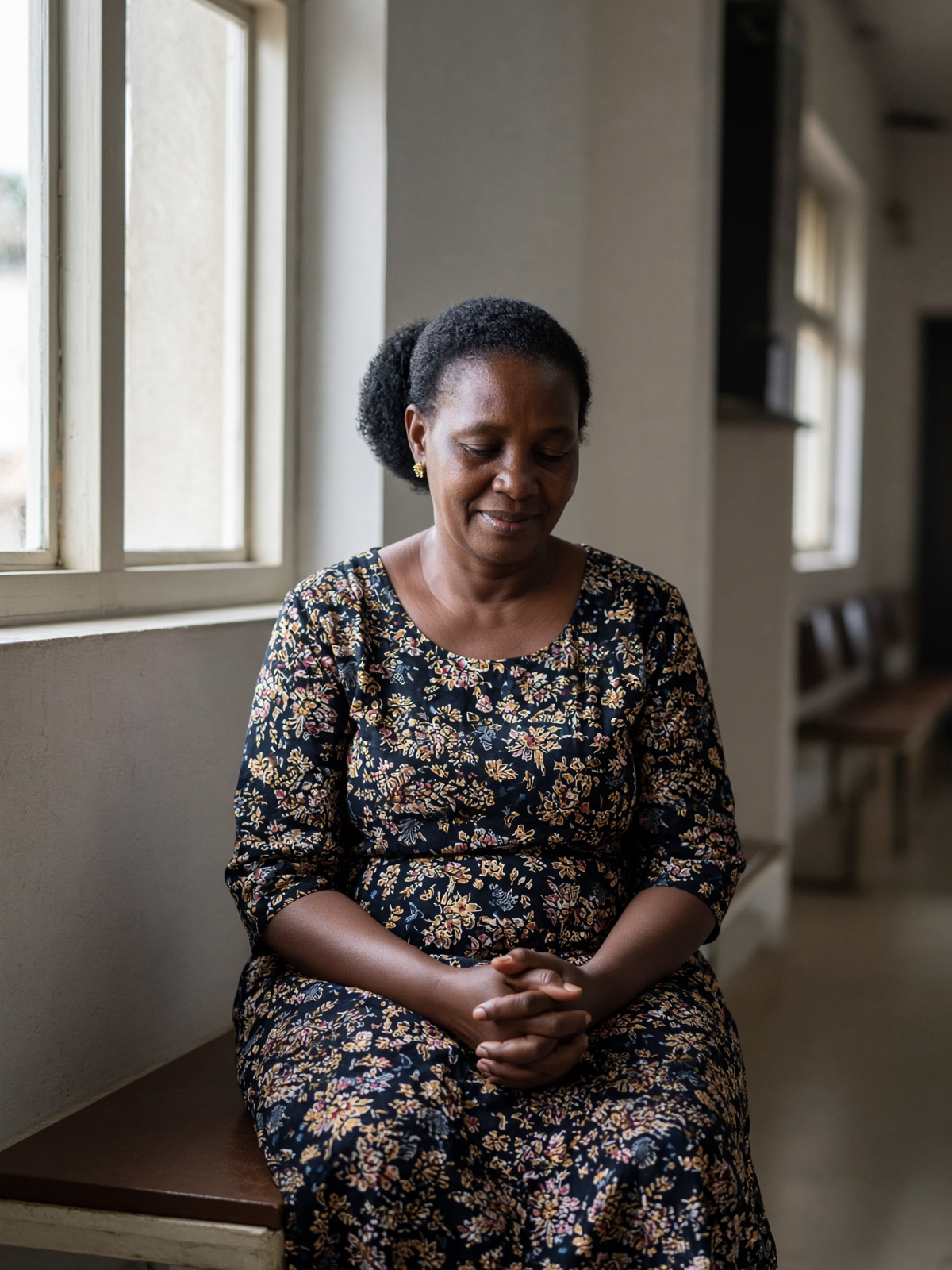 A mother in a Rwandan clinic corridor